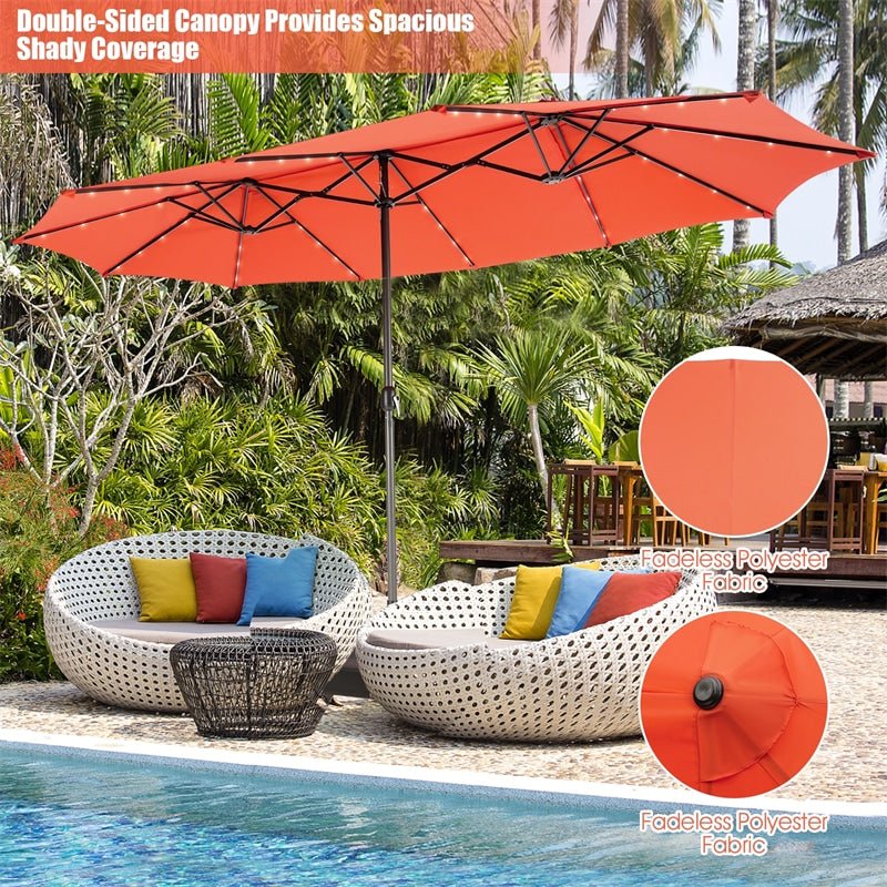 15 FT Outdoor Double-Sided Patio Umbrella with 48 Solar LED Lights & Umbrella Base - Soothe Seating