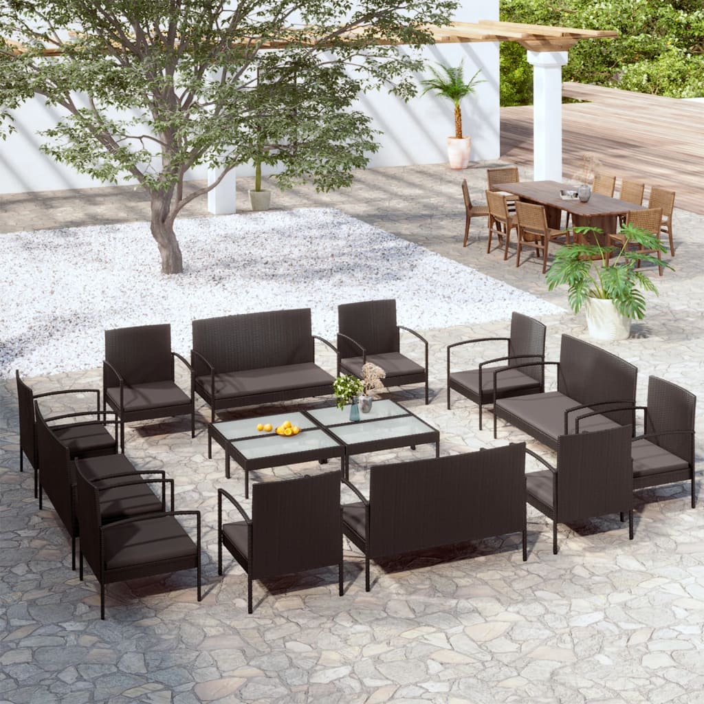 16 Piece Patio Lounge Set with Cushions Poly Rattan Black - Soothe Seating