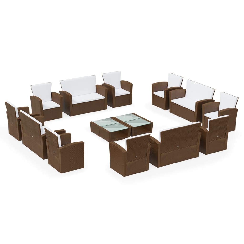 16 Piece Patio Lounge Set with Cushions Poly Rattan Brown - Soothe Seating