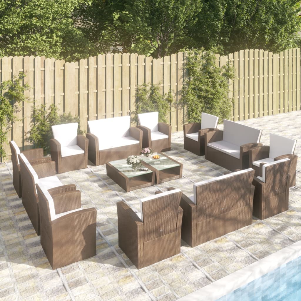 16 Piece Patio Lounge Set with Cushions Poly Rattan Brown - Soothe Seating