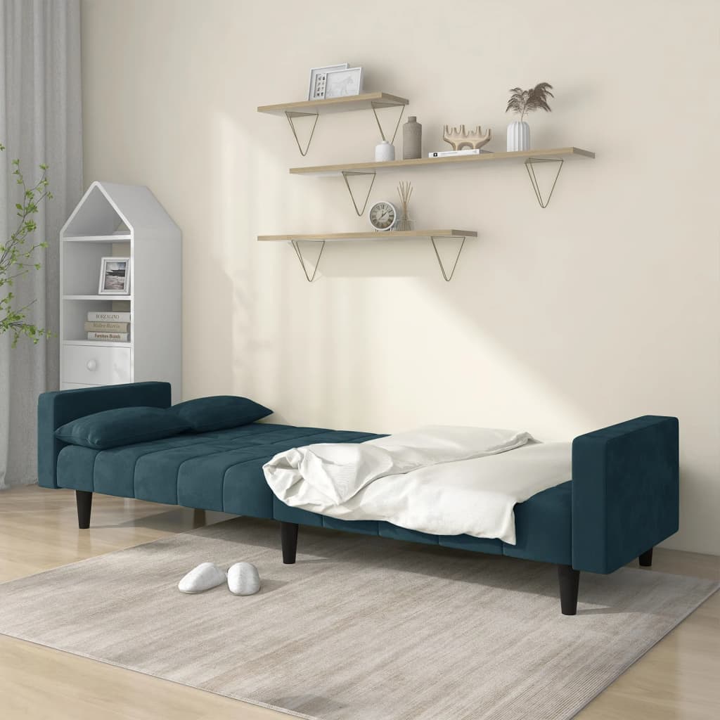 2-Seater Sofa Bed with Two Pillows Blue Velvet - Soothe Seating