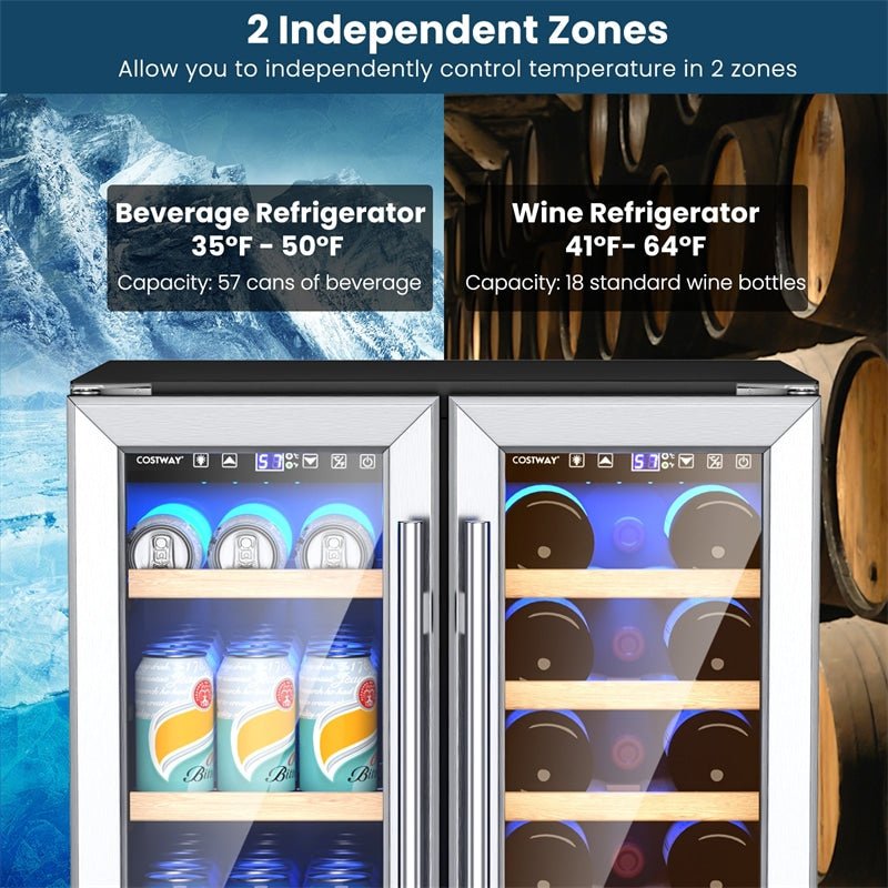 24" Dual Zone Wine Cooler 18 Bottle & 57 Can Wine Beverage Refrigerator with Memory Temperature Control - Soothe Seating