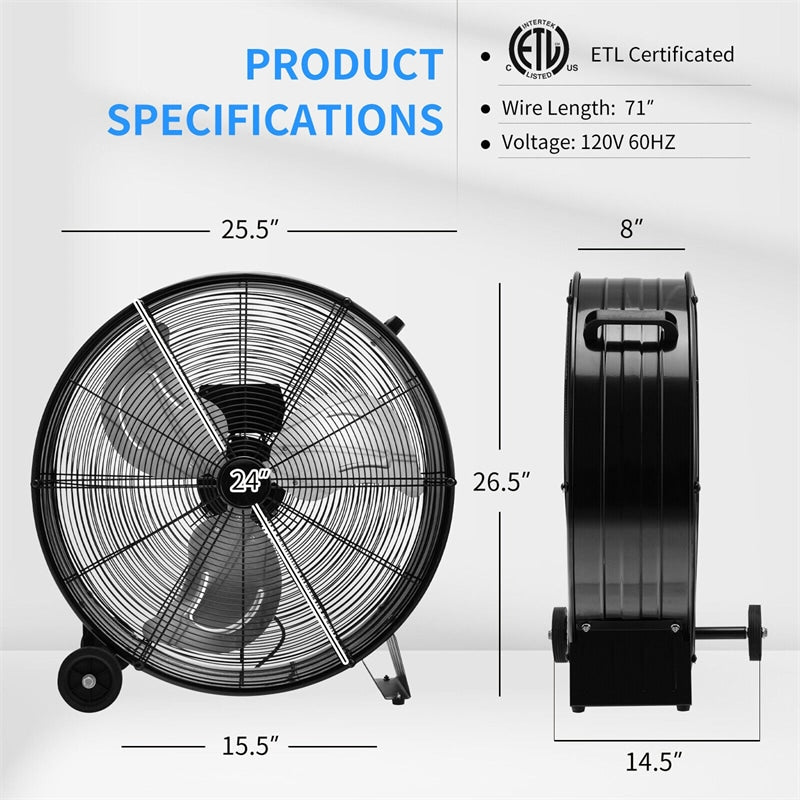 24" High-Velocity Industrial Drum Fan 3-Speed Portable Heavy-Duty Fan with Aluminum Blades & Built-in Wheels - Soothe Seating