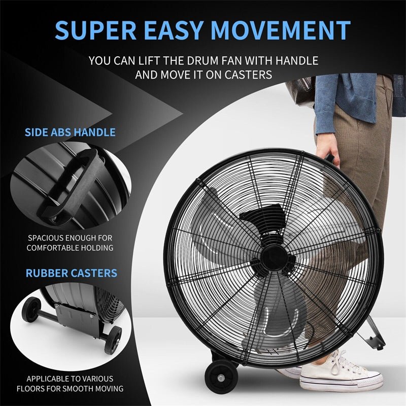 24" High-Velocity Industrial Drum Fan 3-Speed Portable Heavy-Duty Fan with Aluminum Blades & Built-in Wheels - Soothe Seating