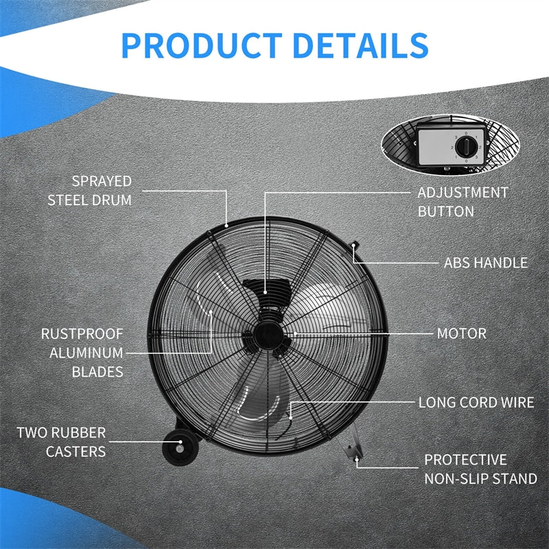 24" High-Velocity Industrial Drum Fan 3-Speed Portable Heavy-Duty Fan with Aluminum Blades & Built-in Wheels - Soothe Seating