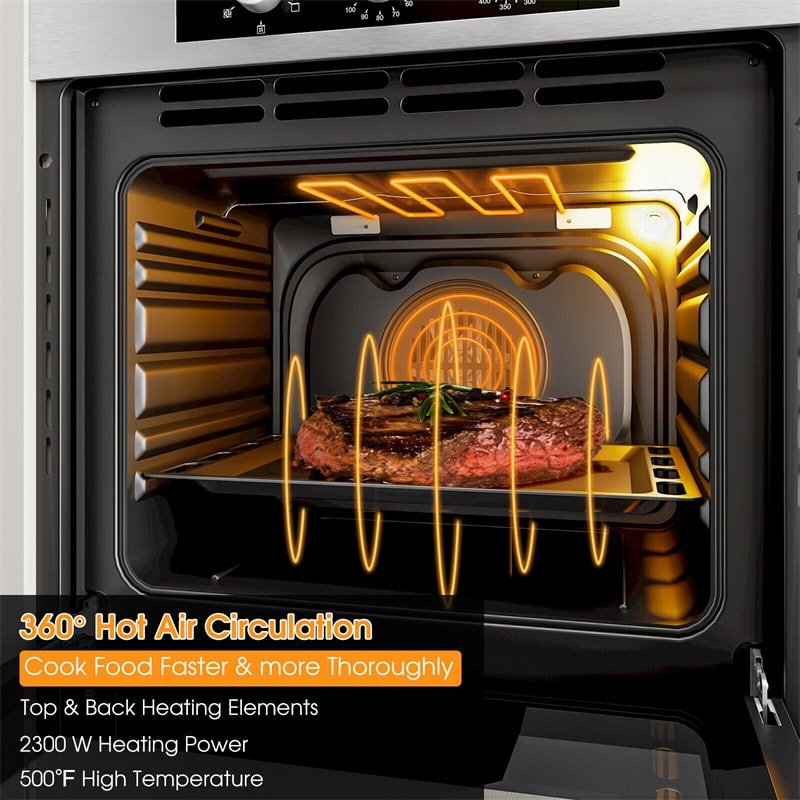 24" Single Wall Oven 2300W Electric Wall Oven Stainless Steel Built-in Oven 2.47Cu.ft Capacity with 5 Cooking Modes & 360° Rotisserie - Soothe Seating