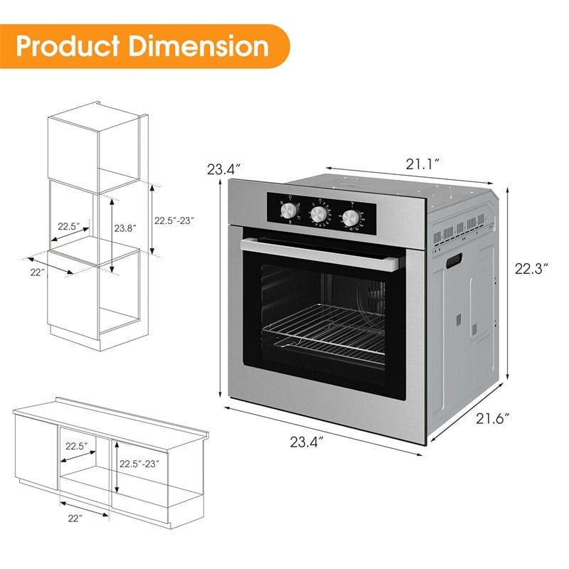 24" Single Wall Oven 2300W Electric Wall Oven Stainless Steel Built-in Oven 2.47Cu.ft Capacity with 5 Cooking Modes & 360° Rotisserie - Soothe Seating