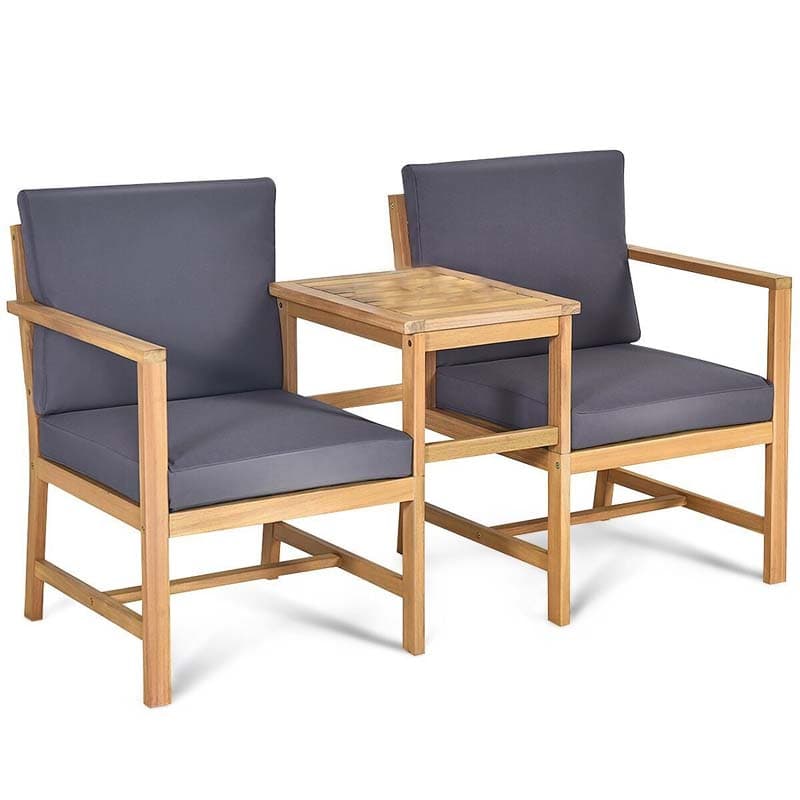 3 in 1 Patio Acacia Wood Loveseat Outdoor Chairs with Coffee Table & Cushions - Soothe Seating