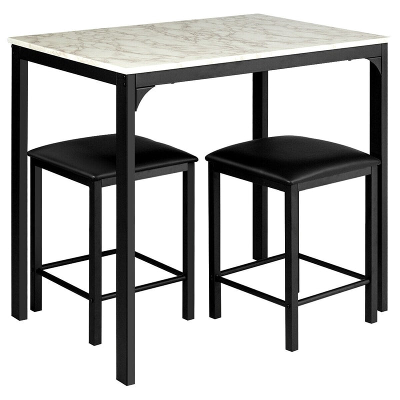 3 Pcs Counter Height Dining Set with Faux Marble Top Table & Cushioned Stools - Soothe Seating